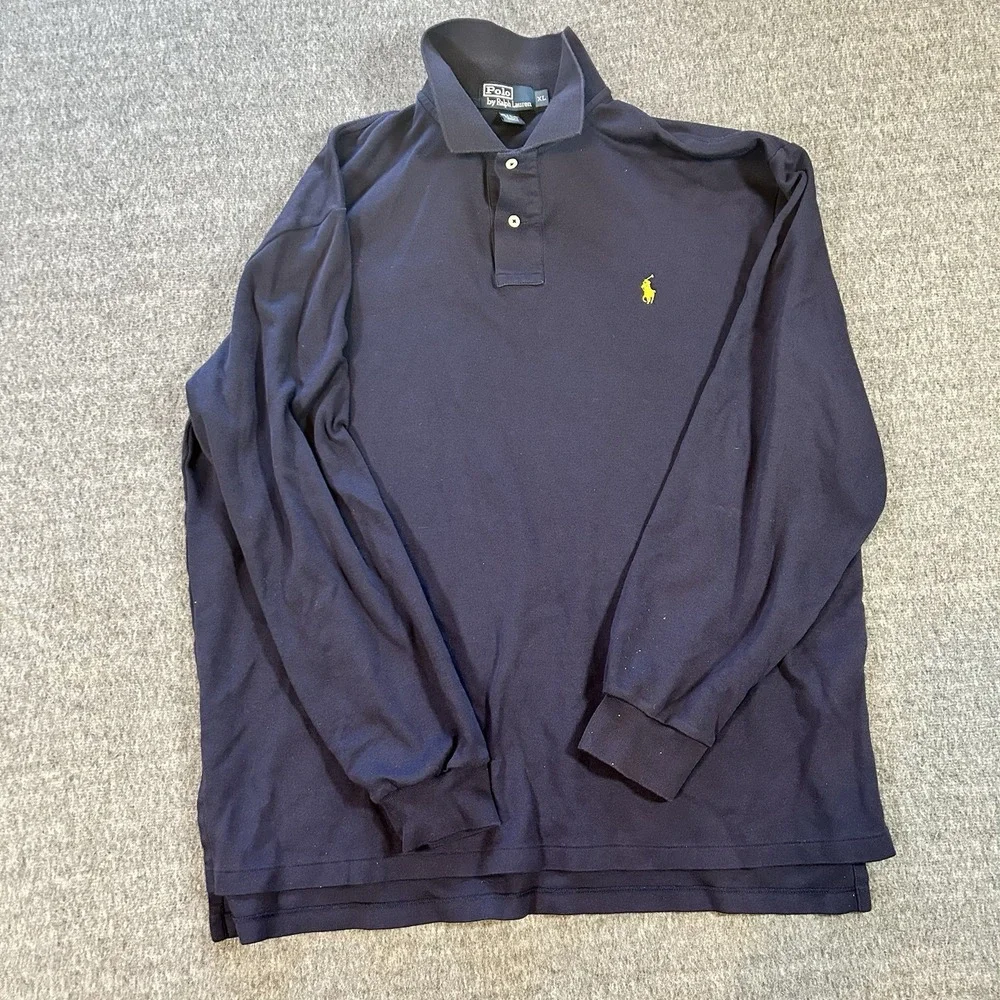 Polo Ralph Lauren Long Sleeve Polo Shirt Men XL Navy Blue Yellow Pony Golf Rugby